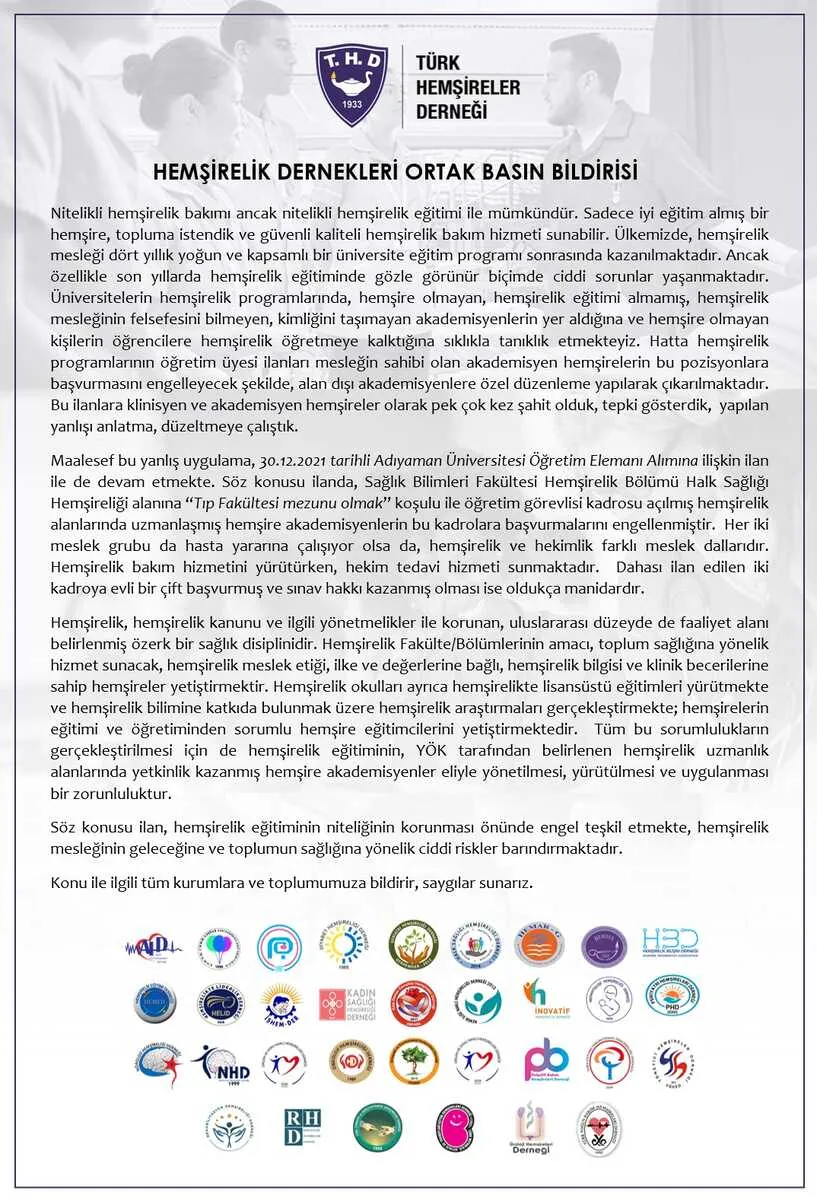 Hemşirelik Dernekleri Alan Dışı Atamalar Hakkında Basın Bildirisi